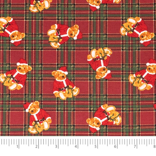 SINGER Santa Teddy Bears on Plaid Print Cotton Fabric
